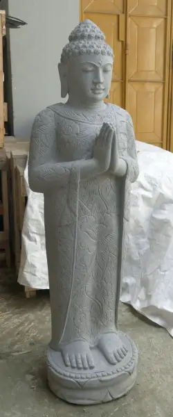 Product image 3 of the product “Standing Buddha with floral carving, Greeting position. 40 x 28 x 122m. Natural stone (river stone), stonemasonry ”